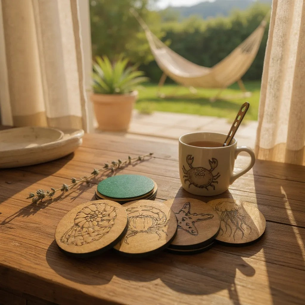 Wooden Beverage Coasters with Stand - Package of 8