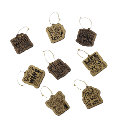 Handmade Wooden Wine Glass Charms - Pack of 8