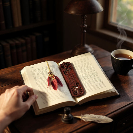 Wood Carved Bookmark with Golden Chain and Feathered Ornament