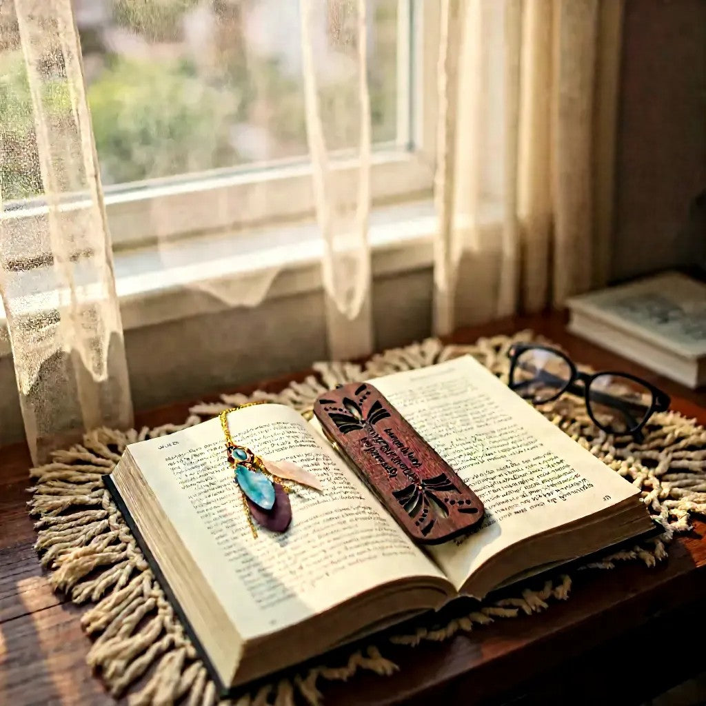Wood Carved Bookmark with Golden Chain and Feathered Ornament